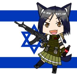  animal_ears assault_rifle chibi coca-cola commentary_request female flag galil_ar_(upotte!!) gun hexagram imi_galil israeli_flag killinghouse-salt oerba_yun_fang photoshop_(medium) rifle school_uniform serafuku skirt solo star_of_david tail thighhighs upotte!! weapon 