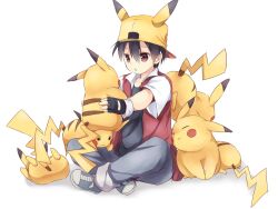  1boy :3 baseball_cap black_hair commentary_request full_body hat hat_with_ears male_focus maruki_(punchiki) o3o pikachu pokemon pokemon_(creature) pokemon_rgby red_(pokemon) red_eyes simple_background sitting too_many too_many_pikachu white_background 