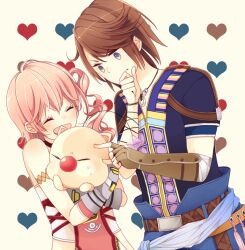  1boy blue_eyes brown_hair commentary_request female final_fantasy final_fantasy_xiii final_fantasy_xiii-2 gloves hug jewelry long_hair mog moogle necklace noel_kreiss pink_hair serah_farron smile uu_(13949795) 