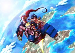  2boys 2girls blue_hair boota_(ttgl) commentary_request day goggles goggles_on_head hair_ornament kamina_(ttgl) lagann makishi_yaichi mecha multicolored_hair multiple_boys multiple_girls nia_teppelin ponytail red_hair robot simon_(ttgl) sky tattoo tengen_toppa_gurren_lagann time_paradox topless_male two-tone_hair yoko_littner 