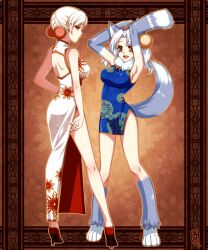  2girls animal_ears blonde_hair borrowed_character china_dress chinese_clothes commentary_request dress konshin multiple_girls noroshi_(konshin) pixiv_fantasia pixiv_fantasia_3 ruku_baku short_dress side_slit tail white_hair yellow_eyes 