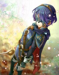  armor belt blue_armor blue_hair boots cape commentary_request falchion_(fire_emblem) female fingerless_gloves fire_emblem fire_emblem_awakening gloves greaves hitohana lucina_(fire_emblem) marth_(fire_emblem_awakening) mask photoshop_(medium) shoulder_pads solo sword weapon 