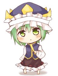  blush chibi commentary_request female green_eyes green_hair hat rod_of_remorse shiki_eiki solo tosura-ayato touhou white_background 