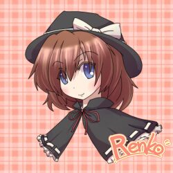  bad_id bad_pixiv_id black_capelet blue_eyes brown_hair capelet character_name eyes_visible_through_hair female frilled_capelet frills fushigi_ebi hair_between_eyes hair_ribbon hat plaid plaid_background ribbon ribbon-trimmed_capelet ribbon_trim smile solo touhou usami_renko 