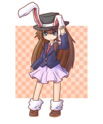  alternate_hair_length alternate_hairstyle animal_ears aqua_eyes bad_id bad_pixiv_id brown_hair checkered cosplay female fushigi_ebi hat hat_with_ears highres long_hair necktie rabbit_ears red_necktie reisen_udongein_inaba reisen_udongein_inaba_(cosplay) skirt solo touhou usami_renko 