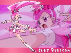  boots bow character_name commentary_request cure_blossom eyelashes female fuchi_minoru full_body hanasaki_tsubomi heartcatch_precure! high_ponytail knee_boots long_hair magical_girl multiple_views open_mouth outstretched_hand pink_background pink_bow pink_eyes pink_hair pink_theme ponytail precure puffy_sleeves skirt smile wide_ponytail wrist_cuffs 