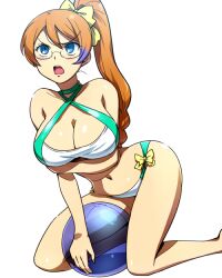  annoyed aquarion_(series) aquarion_evol ball bare_shoulders beachball bikini blue_eyes blush breast_hold breasts brown_hair cleavage criss-cross_halter female glasses hairu halterneck kneeling large_breasts long_hair mix_(aquarion) navel ponytail shiny_skin solo swimsuit 