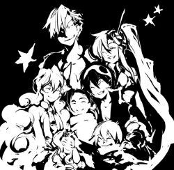  3girls 4boys bad_id bad_pixiv_id darry_adai gimmy_adai greyscale kamina_(ttgl) monochrome multiple_boys multiple_girls nia_teppelin nomoto rossiu_adai simon_(ttgl) smile star_(symbol) tengen_toppa_gurren_lagann yoko_littner 