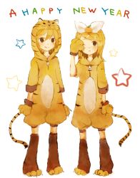  1boy :q animal_costume animal_hands animal_print bad_id bad_pixiv_id blonde_hair brother_and_sister female food fruit hair_ornament hairclip happy_new_year hood hoodie kagamine_len kagamine_rin mikanniro new_year one_eye_closed orange_(fruit) siblings standing star_(symbol) tail tiger_costume tiger_paws tiger_print tiger_tail tongue tongue_out twins vocaloid 