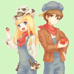  0kome0 1boy animal_print apple bad_id bad_pixiv_id blonde_hair blue_eyes bokujou_monogatari bokujou_monogatari:_hajimari_no_daichi brown_eyes brown_hair cow_print cowboy_hat female food fruit haruto_(bokujou_monogatari) hat jacket overalls pouch red_scarf rio_(bokujou_monogatari) scarf strawberry 