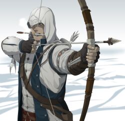  1boy arrow_(projectile) assassin&#039;s_creed_(series) assassin&#039;s_creed_iii belt bow_(weapon) commentary_request connor_kenway drawing_bow gb_(doubleleaf) gloves gun holding holding_arrow holding_bow_(weapon) holding_weapon holster hood knife male_focus mouth_hold native_american photoshop_(medium) snow solo vambraces weapon 