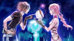  1boy amatari_sukuzakki blue_eyes brown_eyes brown_hair commentary_request female final_fantasy final_fantasy_xiii final_fantasy_xiii-2 gloves jewelry long_hair mog moogle necklace noel_kreiss pink_hair serah_farron smile staff wings 