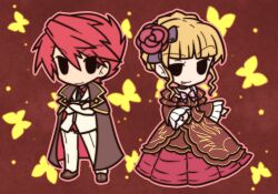  0_0 1boy beatrice_(umineko) blonde_hair bug butterfly chibi cloak commentary_request crossed_arms dress female flower fushigi_ebi hair_flower hair_ornament necktie outline red_hair smile solid_oval_eyes umineko_no_naku_koro_ni ushiromiya_battler yellow_butterfly 