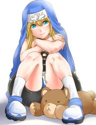  1boy aqua_eyes bike_shorts blonde_hair blue_eyes boots bridget commentary_request guilty_gear guilty_gear_xx habit isshiki_eishin male_focus nun otoko_no_ko roger_(guilty_gear) shiny_skin smile socks stuffed_animal stuffed_toy teddy_bear 