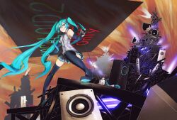  aqua_eyes aqua_hair detached_sleeves female fu-ta hatsune_miku highres long_hair looking_at_viewer megaphone microphone photoshop_(medium) skirt solo speaker thighhighs twintails very_long_hair vocaloid wind zettai_ryouiki 