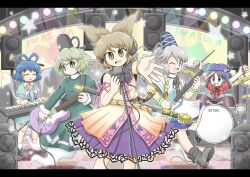  5girls amplifier band bass_guitar blue_eyes blue_hair bound bow brown_eyes brown_hair closed_eyes commentary_request dress drum drumsticks earmuffs green_dress green_eyes green_hair grey_eyes grey_hair guitar hair_ornament hair_rings hair_stick hairclip hat instrument japanese_clothes jiangshi kaku_seiga kariginu keyboard_(instrument) manaka_(pdx) microphone microphone_stand miyako_yoshika mononobe_no_futo multiple_girls ofuda one_eye_closed open_mouth outstretched_arm shawl short_hair skirt smile soga_no_tojiko stage sword tate_eboshi tied_up_(nonsexual) touhou toyosatomimi_no_miko weapon 