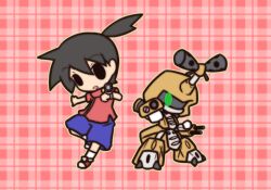  0_0 1boy bad_id bad_pixiv_id black_hair chibi fushigi_ebi green_eyes humanoid_robot medarot metabee open_mouth outline plaid plaid_background robot shorts solid_oval_eyes tenryou_ikki 