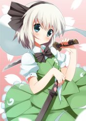  bad_id bad_pixiv_id blue_eyes blush bow bowtie female ghost hair_ribbon hitodama katana konpaku_youmu konpaku_youmu_(ghost) over_shoulder petals ribbon scabbard sheath sheathed shirt short_hair skirt skirt_set solo supershiruco sword sword_over_shoulder touhou vest weapon weapon_over_shoulder white_hair 