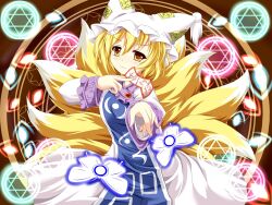  arm_up arms_up bad_id bad_pixiv_id blonde_hair blush bug butterfly danmaku dress female fingernails fox_tail hat hexagram kmkm9696 magic_circle multiple_tails short_hair smile solo spell_card star_(symbol) star_of_david tabard tail touhou white_dress yakumo_ran yellow_eyes 