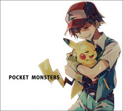  1boy affectionate baseball_cap belt black_hair closed_eyes commentary_request copyright_name denim fingerless_gloves gloves grin hat hug jeans pants pikachu pokemon pokemon_(anime) pokemon_(classic_anime) pokemon_(creature) satoshi_(pokemon) smile tears wet yuuichi_(bobobo) 