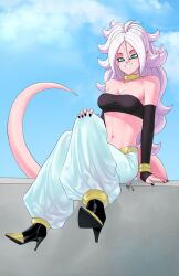  1girls android_21 android_21_(good) arabian_clothes athletic athletic_female belly_button black_nails blue_eyes collar dragon_ball dragon_ball_fighterz dragon_ball_z harem_outfit heel_boots jewelry looking_at_viewer majin_android_21 medium_breasts navel pink_skin pointy_ears smile smiling smiling_at_viewer somegfguy spiked_hair spiky_hair tail white_hair 