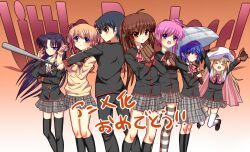  1boy 6+girls announcement_celebration bad_id bad_pixiv_id baseball_bat baseball_mitt eirun hat highres kamikita_komari kurugaya_yuiko little_busters! little_busters!_school_uniform multiple_girls naoe_riki natsume_rin nishizono_mio noumi_kudryavka saigusa_haruka school_uniform umbrella 