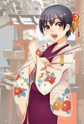  :d absurdres arrow_(projectile) bad_id bad_pixiv_id black_hair blurry blush depth_of_field female flat_chest floral_print hair_ornament hamaya highres japanese_clothes kikumon kimono mugi_(iccomae) omikuji open_mouth original photoshop_(medium) purple_eyes short_hair side_slit smile solo standing wide_sleeves 