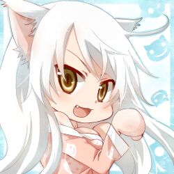  animal_ears bakemonogatari black_hanekawa cat_ears chibi commentary_request female hanekawa_tsubasa long_hair lowres monogatari_(series) nekomonogatari open_mouth partial_commentary shima_riu smile solo white_hair yellow_eyes 