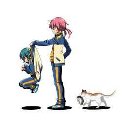  2boys aqua_eyes aqua_hair closed_eyes commentary_request feline holding inazuma_eleven_(series) inazuma_eleven_go kariya_masaki kirino_ranmaru male_focus mouth_hold multiple_boys pink_hair simple_background track_suit twintails white_background youko_(santarose) 