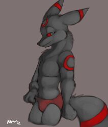  2012 anthro black_body black_fur clothed clothing clothing_pull conditional_dnp digital_media_(artwork) ebonychimera eeveelution fur generation_2_pokemon hi_res looking_at_viewer male nintendo pokemon pokemon_(species) pokemorph pose simple_background smile solo topless umbreon underwear underwear_pull 