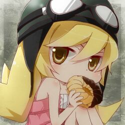  angel_french bakemonogatari blonde_hair chibi commentary_request doughnut female food french_cruller goggles helmet long_hair looking_at_viewer lowres monogatari_(series) nisemonogatari oshino_shinobu partial_commentary shima_riu solo yellow_eyes 