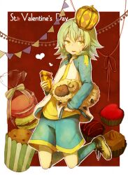  akagi_shun bad_id bad_pixiv_id crown english food gift green_hair heart holding holding_gift inazuma_eleven_(series) inazuma_eleven_go kariya_masaki lightning_bolt male_focus muffin raimon raimon_soccer_uniform sheep shorts soccer_uniform solo sportswear track_suit valentine white_hair yellow_eyes 