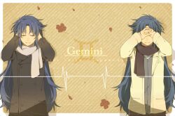  2boys bad_id bad_pixiv_id blue_hair brothers character_name closed_eyes covering_own_ears covering_own_eyes facing_viewer gemini_(symbol) gemini_(zodiac) gemini_kanon gemini_saga long_hair male_focus multiple_boys saint_seiya sakino_saku scarf siblings twins zodiac 