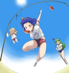  ... 3girls :d alternate_costume blonde_hair blue_sky bouncing_breasts bread bread_eating_race breasts buruma commentary_request dangling day food frog_hair_ornament green_eyes green_hair gym_uniform hair_ornament hanging hat iwatobi_hiro jumping kochiya_sanae large_breasts long_hair moriya_suwako mouth_hold multiple_girls open_mouth purple_hair racing red_eyes short_hair sky smile snake_hair_ornament sports_festival standing touhou unaligned_breasts yasaka_kanako 