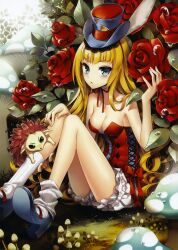  absurdres alice_(lord_of_vermilion) bare_shoulders blonde_hair bloomers blue_eyes breasts cleavage cropped dew_drop female fingernails flower hat hedgehog high_heels highres knees_together_feet_apart legs long_hair long_legs looking_at_viewer lord_of_vermilion medium_breasts mushroom nardack parted_lips rose shoes sitting solo underwear water_drop 