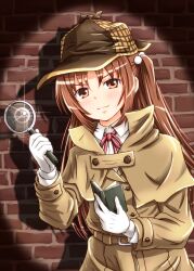  book brick_wall brown_eyes brown_hair commentary_request detective diesel-turbo female gloves hair_bobbles hair_ornament hat holding long_hair looking_at_viewer magnifying_glass minami-ke open_book shadow smile solo uchida_yuka white_gloves 