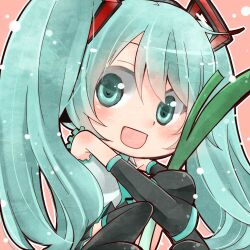  aqua_eyes aqua_hair bare_shoulders blush chibi commentary_request detached_sleeves female hatsune_miku long_hair looking_at_viewer lowres necktie open_mouth shima_riu skirt smile solo spring_onion thighhighs twintails vocaloid 