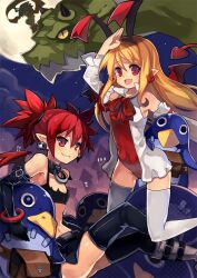  2girls black_thighhighs blonde_hair commentary_request demon_girl demon_tail demon_wings detached_sleeves disgaea elbow_gloves etna_(disgaea) fallen_angel flonne flonne_(fallen_angel) gloves killyoh laharl leotard long_hair moon multiple_girls netherworld_(disgaea) oerba_yun_fang pointy_ears prinny red_eyes red_hair red_leotard scarf short_hair slit_pupils smile tail thighhighs white_legwear wings 