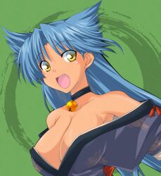  :d bare_shoulders bell blue_hair breasts collar commentary_request female green_background japanese_clothes kimono kurenasm long_hair medium_breasts neck_bell oerba_yun_fang open_mouth rance_(series) sengoku_rance smile solo suzume_(rance) tan yellow_eyes 