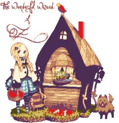  basket bird blonde_hair blood blue_eyes collet commentary_request dorothy_gale dress female flower house long_hair lowres pantyhose pixel_art slippers striped_clothes striped_pantyhose the_wizard_of_oz toto_(twooz) transparent_background when_you_see_it wicked_witch_of_the_east 