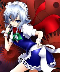  ascot bad_id bad_pixiv_id blue_eyes braid female gears gloves grey_hair hair_ribbon izayoi_sakuya knife maid maid_headdress mattari_yufi mouth_hold red_scarf ribbon scarf skirt solo touhou twin_braids 