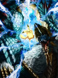  blue_eyes commentary_request crossover dragon electricity electrokinesis fangs horns kura_(yurikan1215) lagiacrus mane monster monster_hunter_(series) monster_hunter_3 monster_hunter_portable_3rd no_humans open_mouth photoshop_(medium) pikachu pokemon pokemon_(creature) power_connection red_eyes smile tail white_hair zinogre 