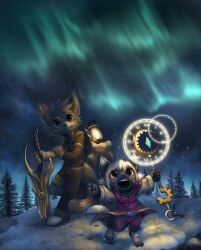  ambiguous_gender anthro aurora_(phenomenon) canid canine canis clothed clothing digital_media_(artwork) duo fox full-length_portrait fully_clothed hi_res magic magic_user male mammal melee_weapon portrait silverfox5213 sword tail weapon wolf young young_anthro 