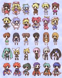  0_0 6+boys 6+girls :d absurdres alternate_hair_color aqua_hair axe bad_id bad_pixiv_id bare_shoulders belt black_hair black_rock_shooter black_rock_shooter_(character) blonde_hair blue_hair bow brown_hair cape character_request chibi cirno crossed_arms detached_sleeves dress eliwood_(fire_emblem) ephraim_(fire_emblem) extra finger_to_face finger_to_mouth fire_emblem fire_emblem:_path_of_radiance fire_emblem:_the_binding_blade fire_emblem:_the_blazing_blade fire_emblem:_the_sacred_stones flaming_eye fushigi_ebi glasses glowing green_hair grey_hair hair_ornament hair_ribbon hair_tubes hairbow hairclip hakurei_reimu hand_on_own_hip hands_in_pockets hat hat_bow hat_ribbon hatsune_miku headband headset hector_(fire_emblem) highres himekaidou_hatate hirasawa_ui holding ice ice_wings ike_(fire_emblem) k-on! kagamine_len kagamine_rin katana kitashirakawa_chiyuri kurodani_yamame long_hair lyn_(fire_emblem) mai_(touhou) manabe_nodoka maribel_hearn medicine_melancholy megurine_luka multiple_boys multiple_girls nakano_azusa navel necktie onozuka_komachi open_mouth outline outstretched_arms pink_hair plaid plaid_skirt polearm ponytail purple_hair rapier red_hair ribbon roy_(fire_emblem) sailor_hat sakuragaoka_high_school_uniform school_uniform skirt smile solid_oval_eyes spear su-san suzuki_jun sword tachibana_himeko tokin_hat touhou touhou_(pc-98) two_side_up usami_renko very_long_hair vocaloid watatsuki_no_toyohime watatsuki_no_yorihime weapon white_wings wings yakumo_yukari yamanaka_sawako yowane_haku 