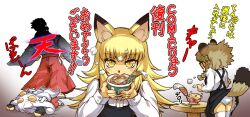  3girls animal_ears blonde_hair brown_hair chibi chopsticks commentary_request cup_ramen dog_ears dog_tail donbei_kitsune_udon donbei_tempura_soba eating food glasses head_bump heaven_(kanji) hisahiko instant_soba instant_udon japanese_clothes kinu_(kissa_korikori) kissa_korikori koma_(neko_musume_michikusa_nikki) leaf miko multiple_girls neko_musume_michikusa_nikki nissin_donbei noodles panties photoshop_(medium) priest_(neko_musume_michikusa_nikki) raccoon_ears raccoon_tail shun_goku_satsu spiked_hair street_fighter table tail tamae_(kissa_korikori) translation_request udon underwear white_hair yellow_eyes 