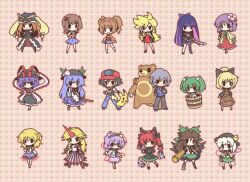  0_0 2boys 6+girls :d absurdres amami_haruka arm_cannon bad_id bad_pixiv_id black_hair black_wings blonde_hair bowl braid brown_hair bucket calligraphy_brush chibi cuffs dress earrings flower fushigi_ebi green_hair grin gun hair_bobbles hair_flower hair_ornament hair_ribbon hairband hakama hakama_skirt hand_on_own_chest handgun hat hat_ribbon hieda_no_akyuu highres hinanawi_tenshi holding holding_poke_ball horns hoshiguma_yuugi idolmaster idolmaster_(classic) in_bucket in_container japanese_clothes jewelry kaenbyou_rin kisume komeiji_koishi komeiji_satori kurodani_yamame mawaru_penguindrum mizuhashi_parsee multiple_boys multiple_girls oerba_yun_fang open_mouth outline outstretched_arm paintbrush panty_&amp;_stocking_with_garterbelt panty_(psg) paul_(pokemon) pikachu plaid plaid_background poke_ball pokemon pokemon_(anime) pokemon_(creature) pokemon_dppt_(anime) ponytail princess_of_the_crystal purple_hair red_dress red_hair reiuji_utsuho ribbon satoshi_(pokemon) scroll shackles short_dress single_horn skirt smile solid_oval_eyes stocking_(psg) sword takakura_himari takatsuki_yayoi third_eye touhou twin_braids twintails ursaring weapon wings wooden_sword 