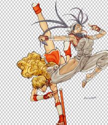  2girls ankle_wrap armor armpits black_hair blonde_hair blue_eyes bread bread_slice breasts capcom checkered_background curly_hair final_fight food food_in_mouth genryuusai_maki ibuki_(street_fighter) japanese_armor jumping kote kunai lips long_hair medium_breasts mouth_hold multiple_girls muscular ninja ponytail scarf steven_mack street_fighter street_fighter_iii_(series) toast toast_in_mouth tonfa torn_clothes torn_sleeves upside-down vambraces very_long_hair weapon 