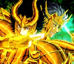  2boys armor black_hair blue_hair cancer_death_mask capricorn_shura commentary_request full_armor glowing_armor gold_armor gold_saint grin kio_(kio-st) looking_at_viewer male_focus multiple_boys saint_seiya smile 