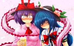  2girls ascot bad_id bad_pixiv_id blue_hair blush bow capelet closed_eyes cup drinking_glass food fruit hat hat_ribbon highres hinanawi_tenshi leaning_on_person long_hair multiple_girls nagae_iku nekominase peach purple_hair red_eyes ribbon scarf shared_clothes shared_scarf shawl shirt short_hair sleeping touhou wide-eyed 