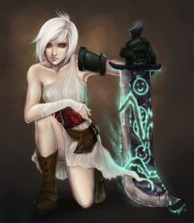  arm_on_knee armor bonni_lee boots brown_footwear commentary english_commentary female gauntlets holding holding_sword holding_weapon league_of_legends on_one_knee photoshop_(medium) red_eyes riven_(league_of_legends) short_hair shoulder_pads solo sword weapon white_hair 